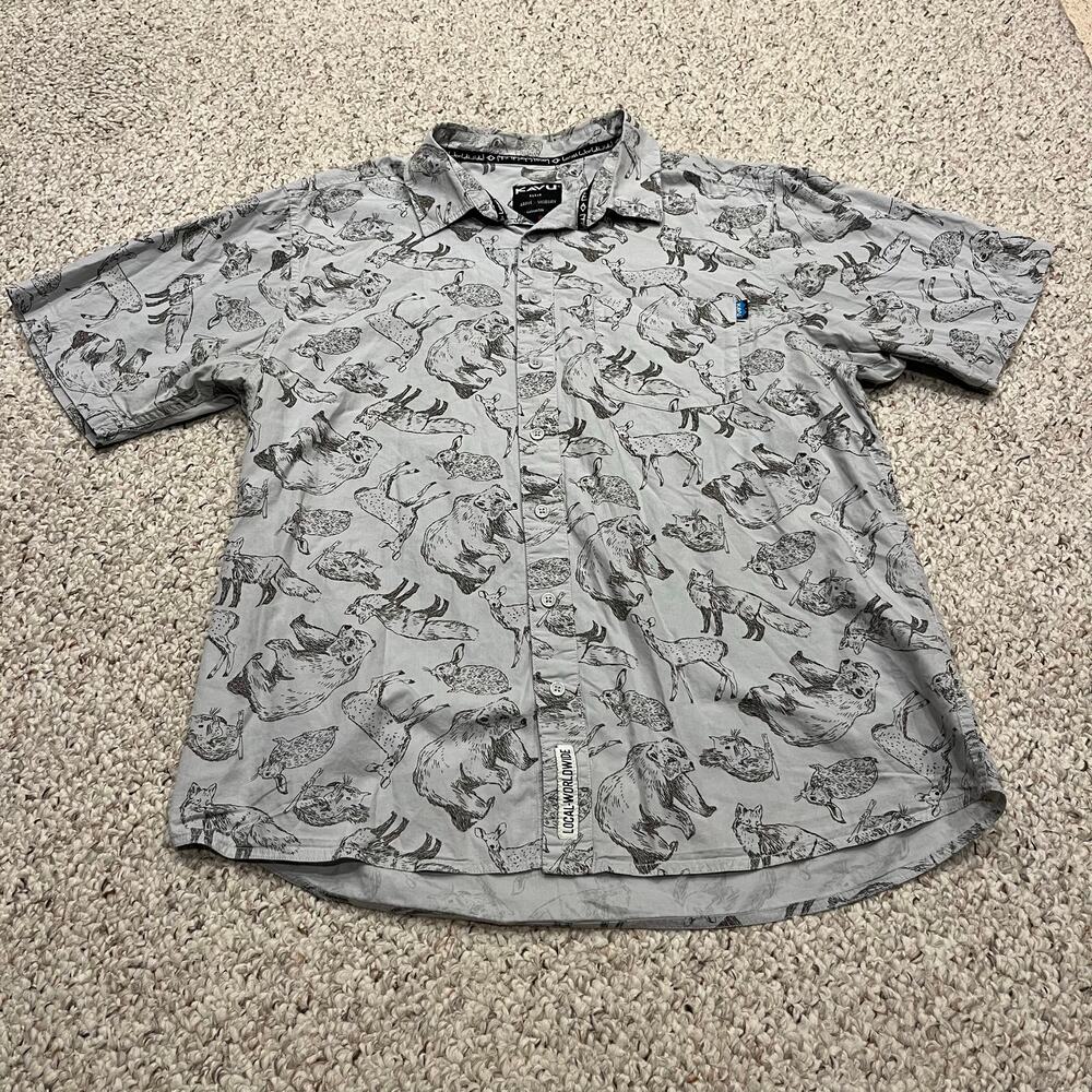Kavu Festaruski Short Sleeve Print Button Down Shirt XL Forest Critter Outdoor